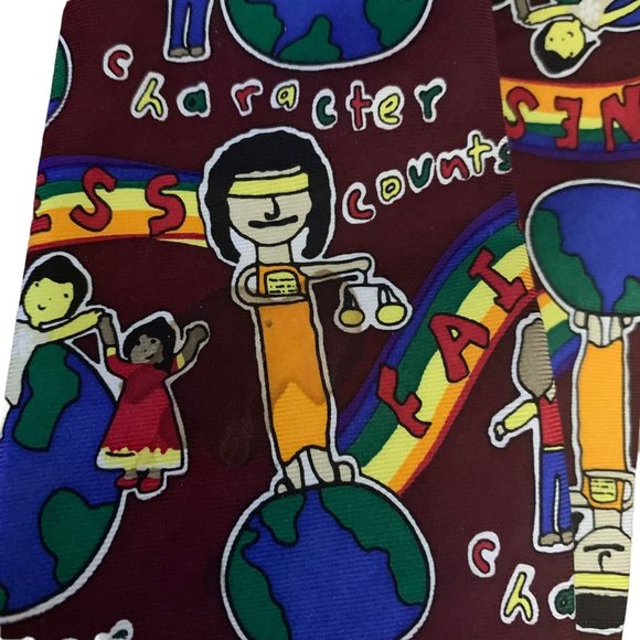 Vintage 90s Character Counts Fairness Silk Tie Maroon Red 3.75 Rainbow Necktie - Picture 4 of 5